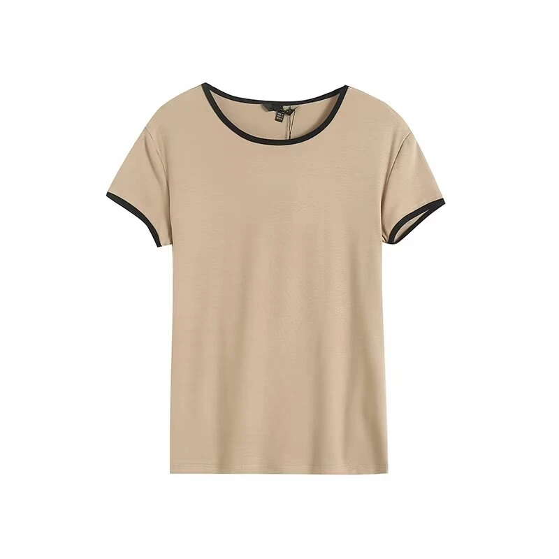 Maxdutti Minimalist Contrasting Colors T-shirt For Women Slim Fit Tops Summer Round Neck Tshirt Women