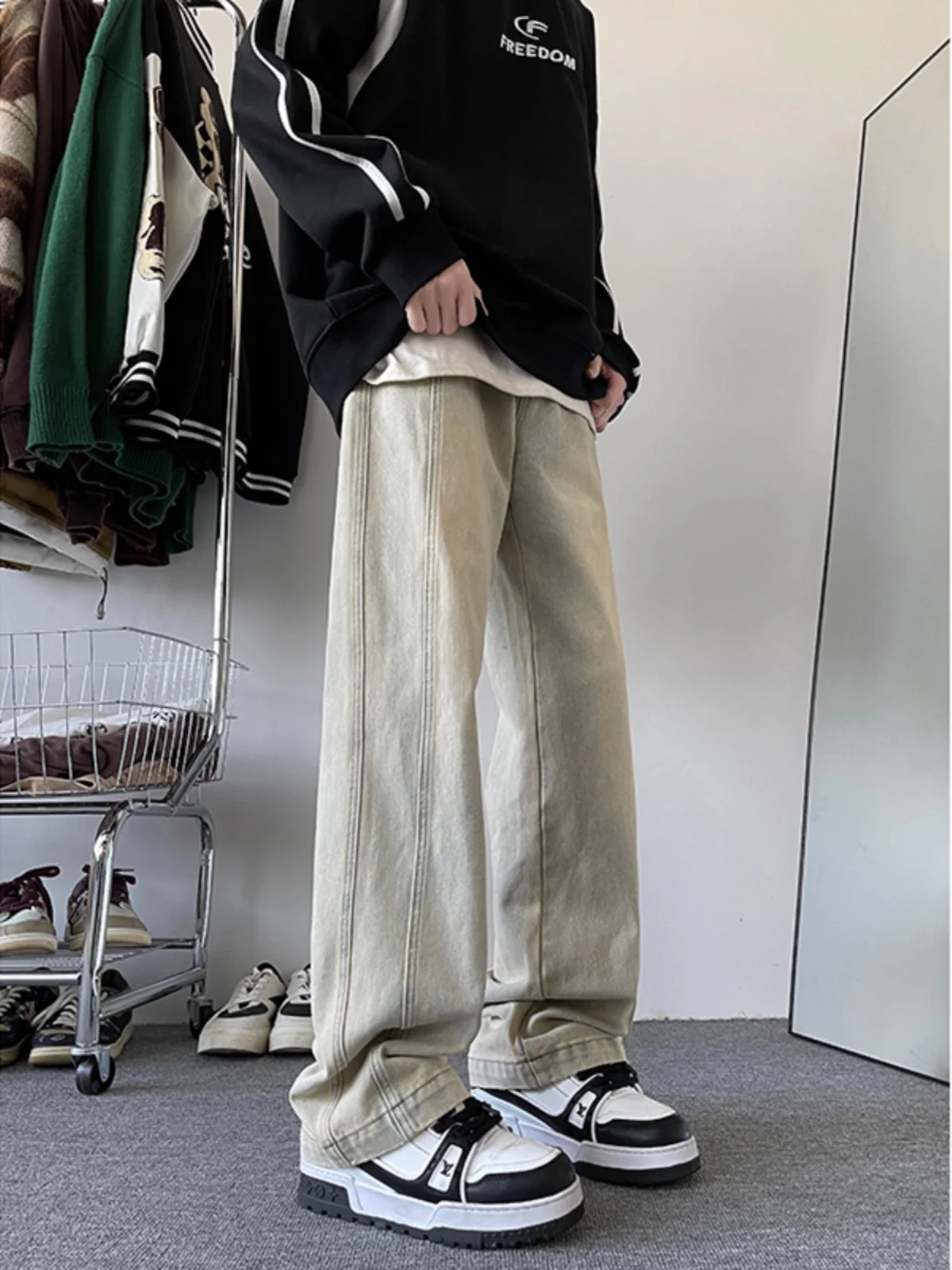 

Мужские джинсы прямого кроя с эффектом потертости, новинка 2023 года, осенне-зимние, в американском уличном стиле, модные рабочие брюки, популярные среди молодежи