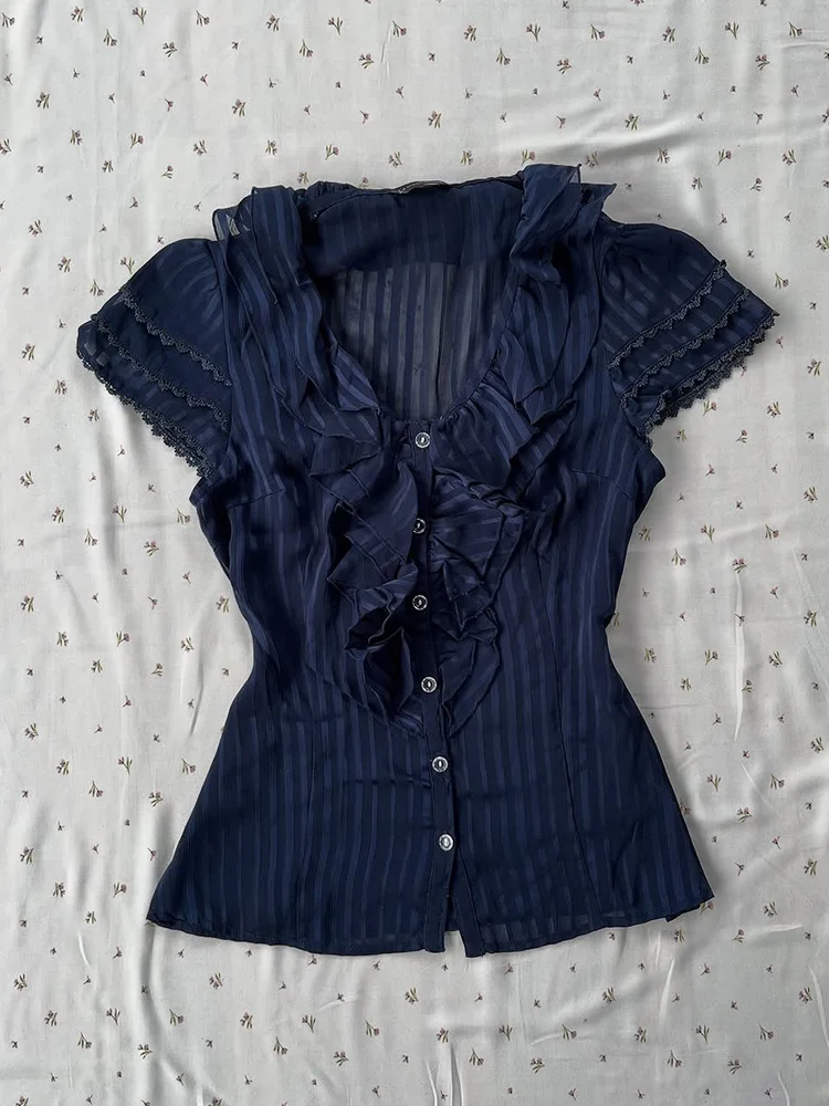 

Original Design Blue Striped Waist-Cinching irt Vintage Aesthetic Summer Top for Young Women Cotton Blend ort Sve