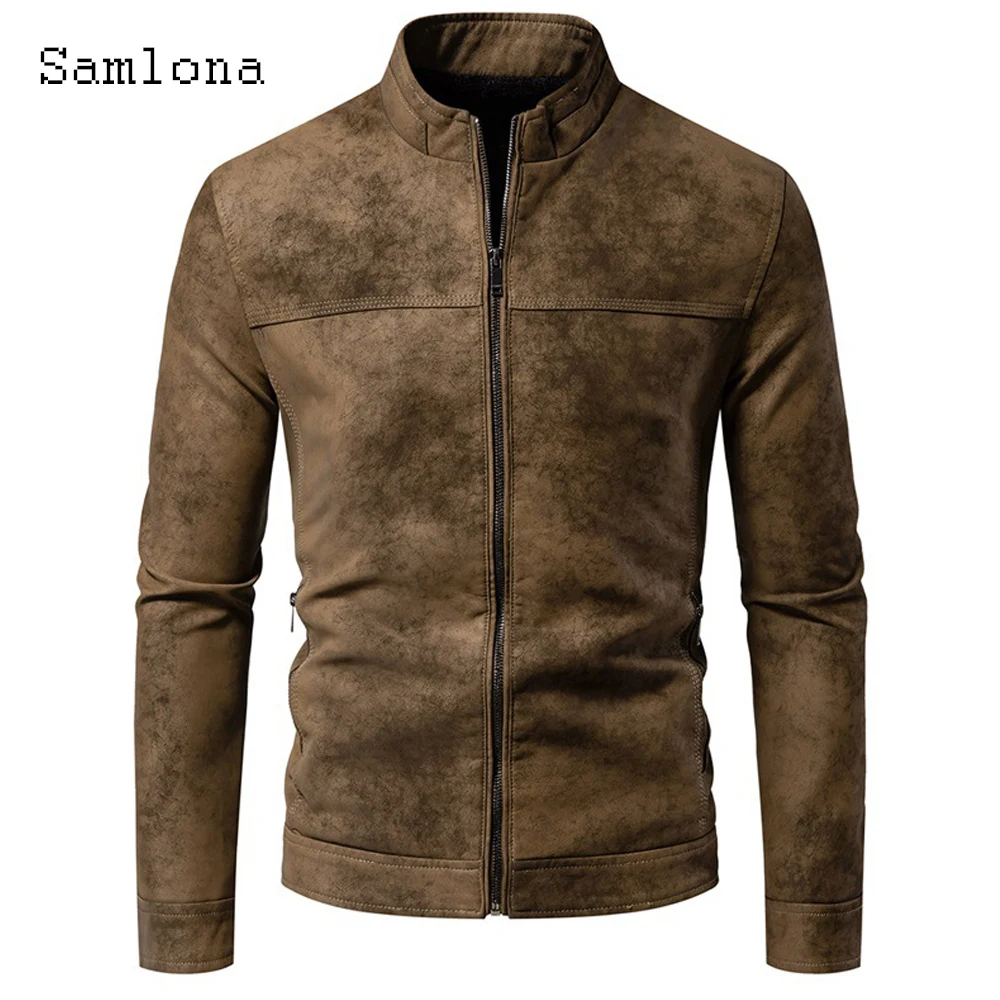 

2026 European Fashion Zipper Suede Leather Jacket Men's Coats Mandarin Collar Basic Top Outerwear Slim Motorcycle Jackets New