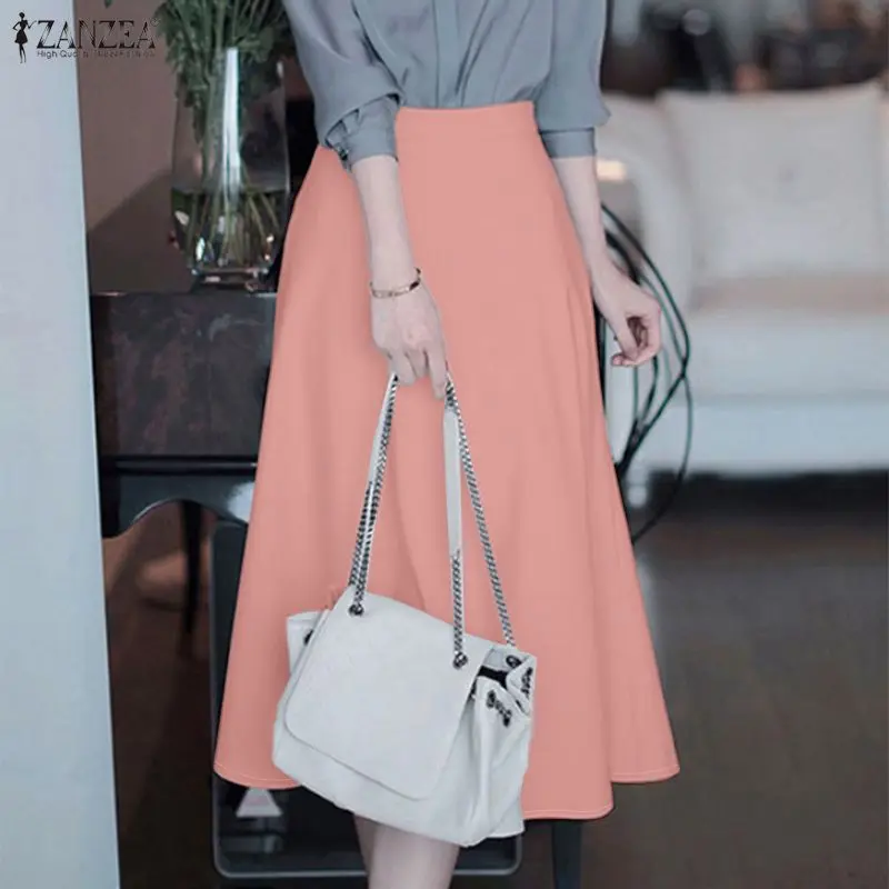 

ZANZEA Women's Elegant High Waist Midi Skirts Elastic Back Waist Solid Color A-Line Skirt Spring OL Commuting Wear Jupes Femme