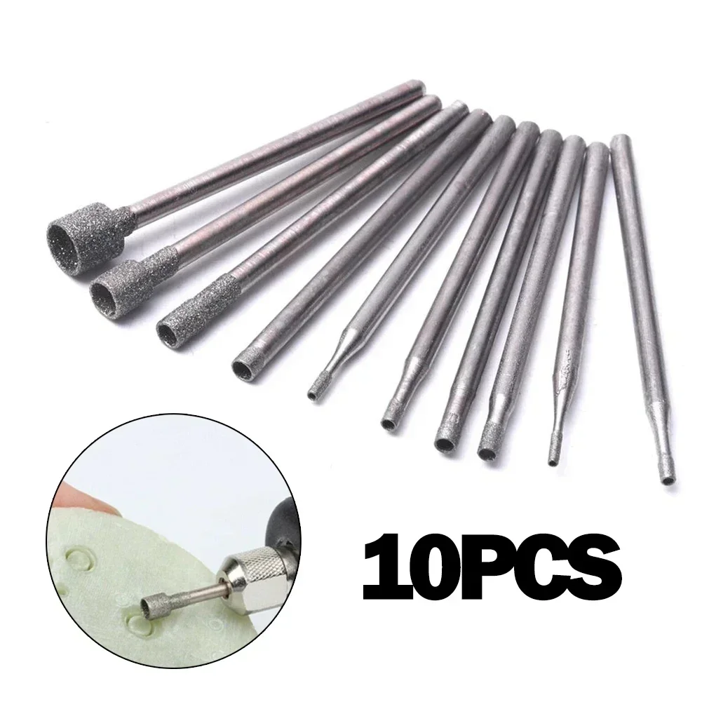 10Pcs 0.8-5mm 2.35mm Rotary Diamond Burr Core Drill Bit Engraving Shank For Glass Tile Grinding Hollow Head Rotary Tool