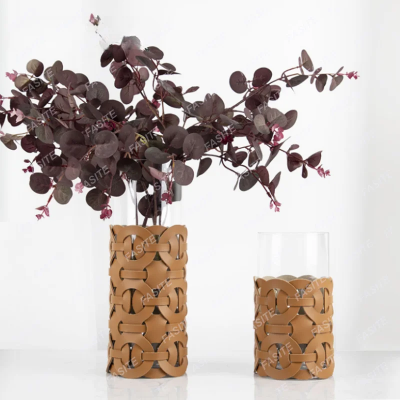 

Straight tube glass vase, high-end and luxurious, hand woven leather flower decorations, living room flower insertions