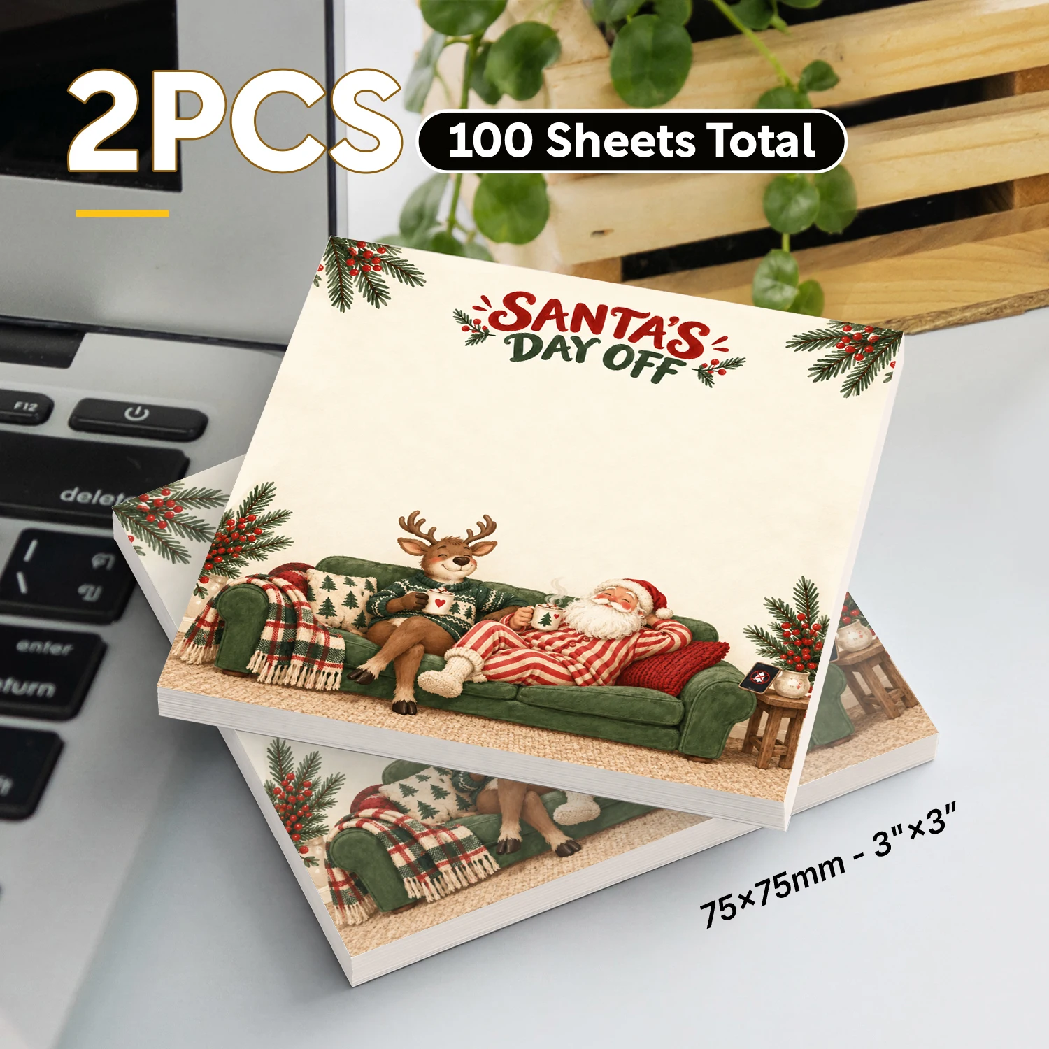 2PCS Christmas Santa Sticky Notes 100 Sheets Santa's Day Off Reindeer Cozy Holiday Memo Pads Office School Stationery