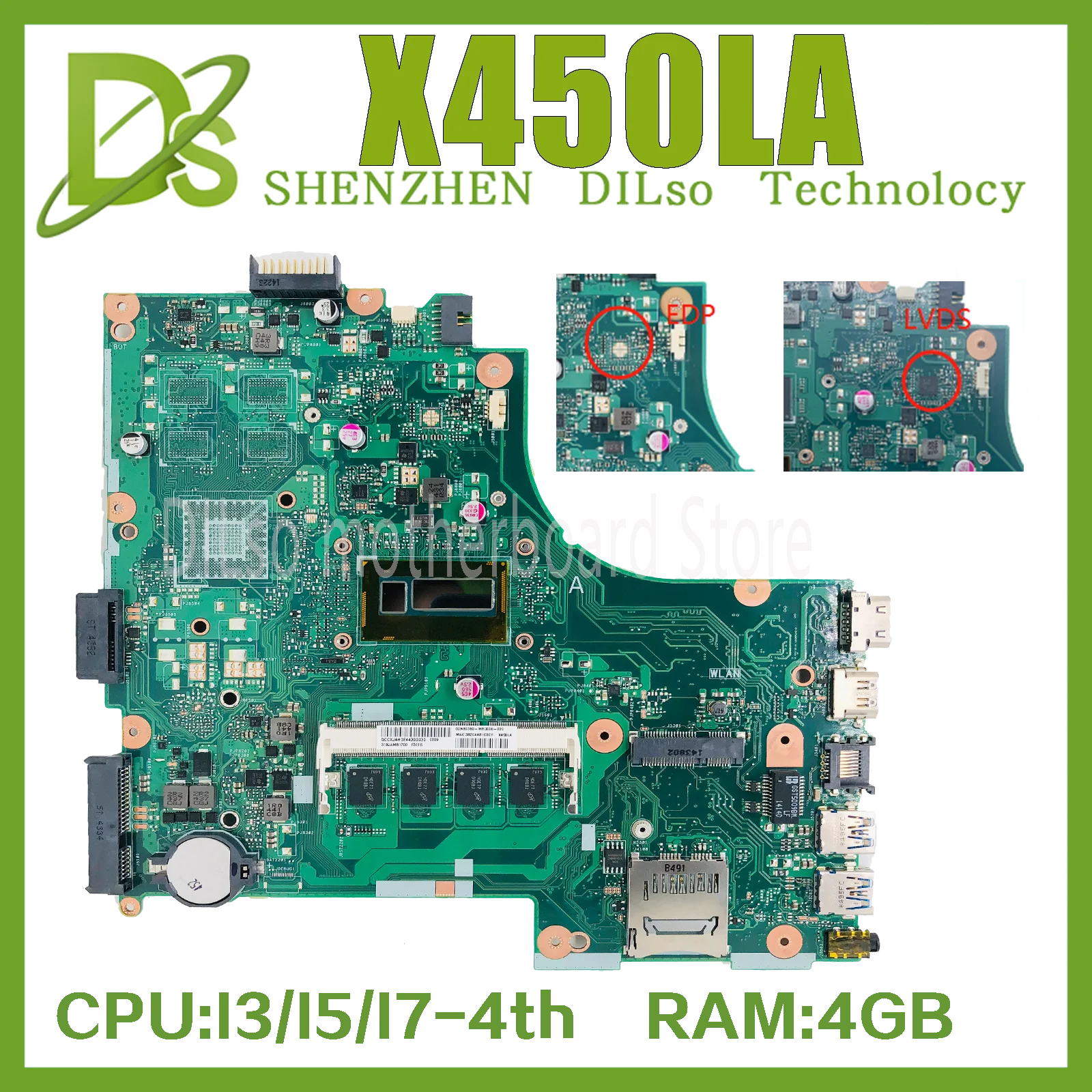 

KEFU X450LA Notebook Mainboard For ASUS X450LC X450L X450LB Laptop Motherboard I7-4500U I5-4200U I3-4010U RAM-4GB UMA EDP /LVDS