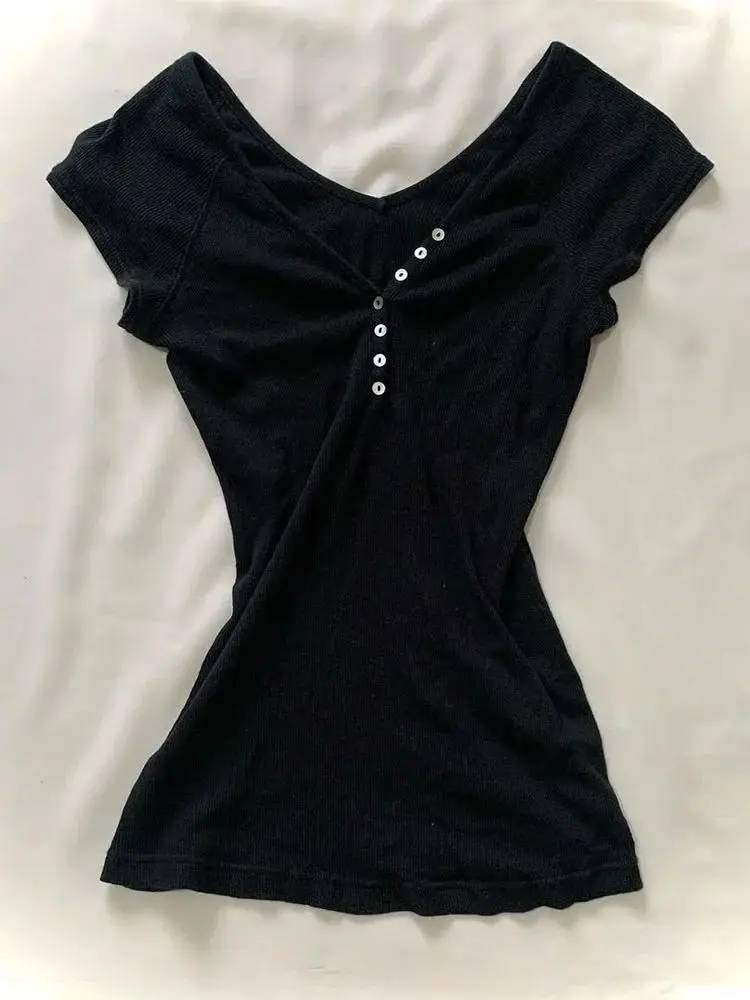 

Black Slim Slim Button V-neck T-shirt for Women Versatile Simple and Fashionable Casual Top 2025 New Summer