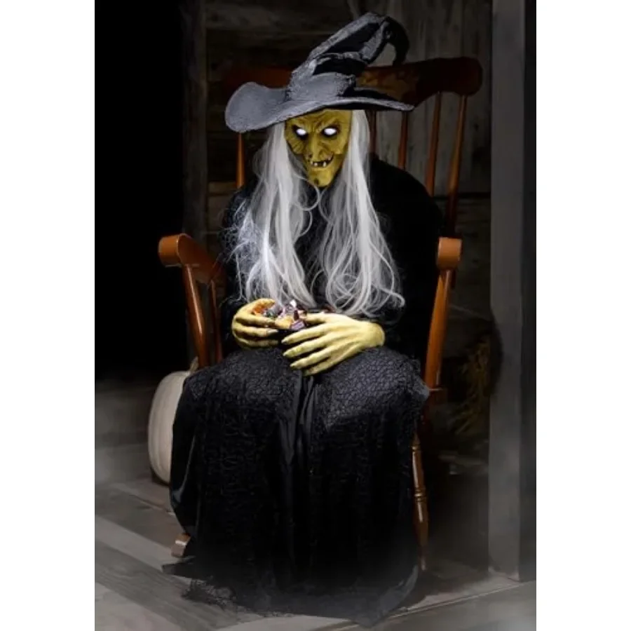 Halloween porch greeter: sitting witch animated prop, PVC material, black and purple, motion-activated with glowing eyes and ca