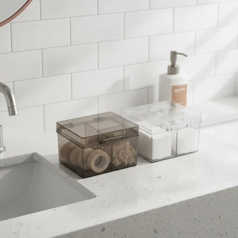 Transparenter Kunststoff-Aufbewahrungsorganizer mit 3 Fächern und staubdichten Klappdeckeln für die Aufbewahrung von Wattestäbchen, Haaraccessoires und kleinen Gegenständen im Badezimmer. – Detail 16