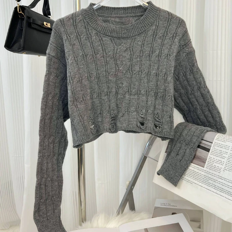 

Autumn Girl Crew Neck Twist High Waist Long Sleeve Sweater Winter Fashion Women Short Knitted Top Pullover Sexy Clothing