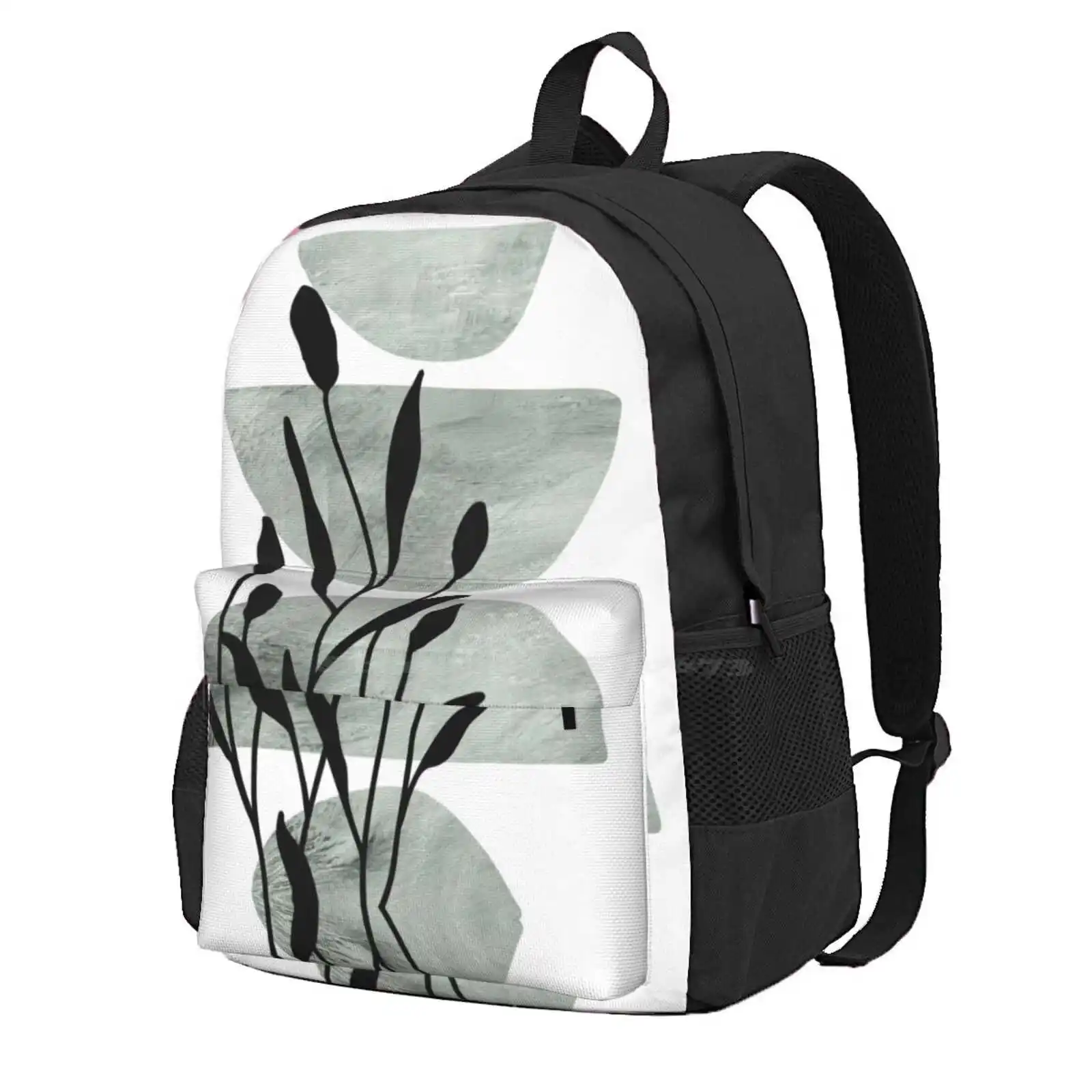 Botanical Abstract Art In Sage Green 2 Hot Sale Schoolbag Backpack Fashion Bags Botanical Art Leaves Sage Green Art Black Green