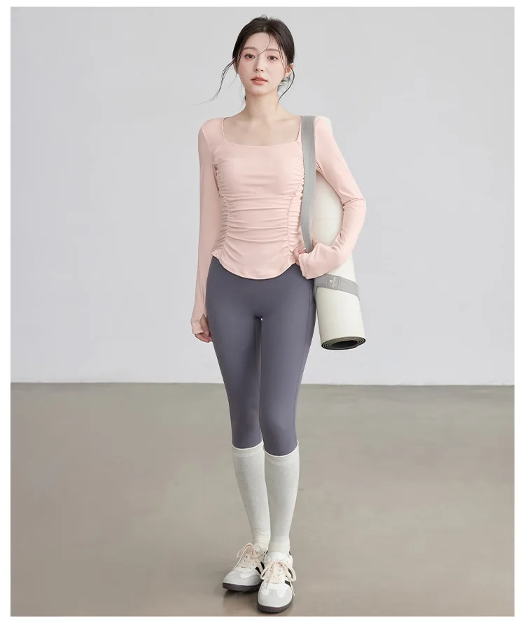 Neues Langarm-Fitness-Oberteil mit Rücken-Schlank-Effekt, Plissierter Taille, Elastischem Brustpolster, Yoga-Pilates-Fitness-Top, Schlankheitskleidung – Detail 5