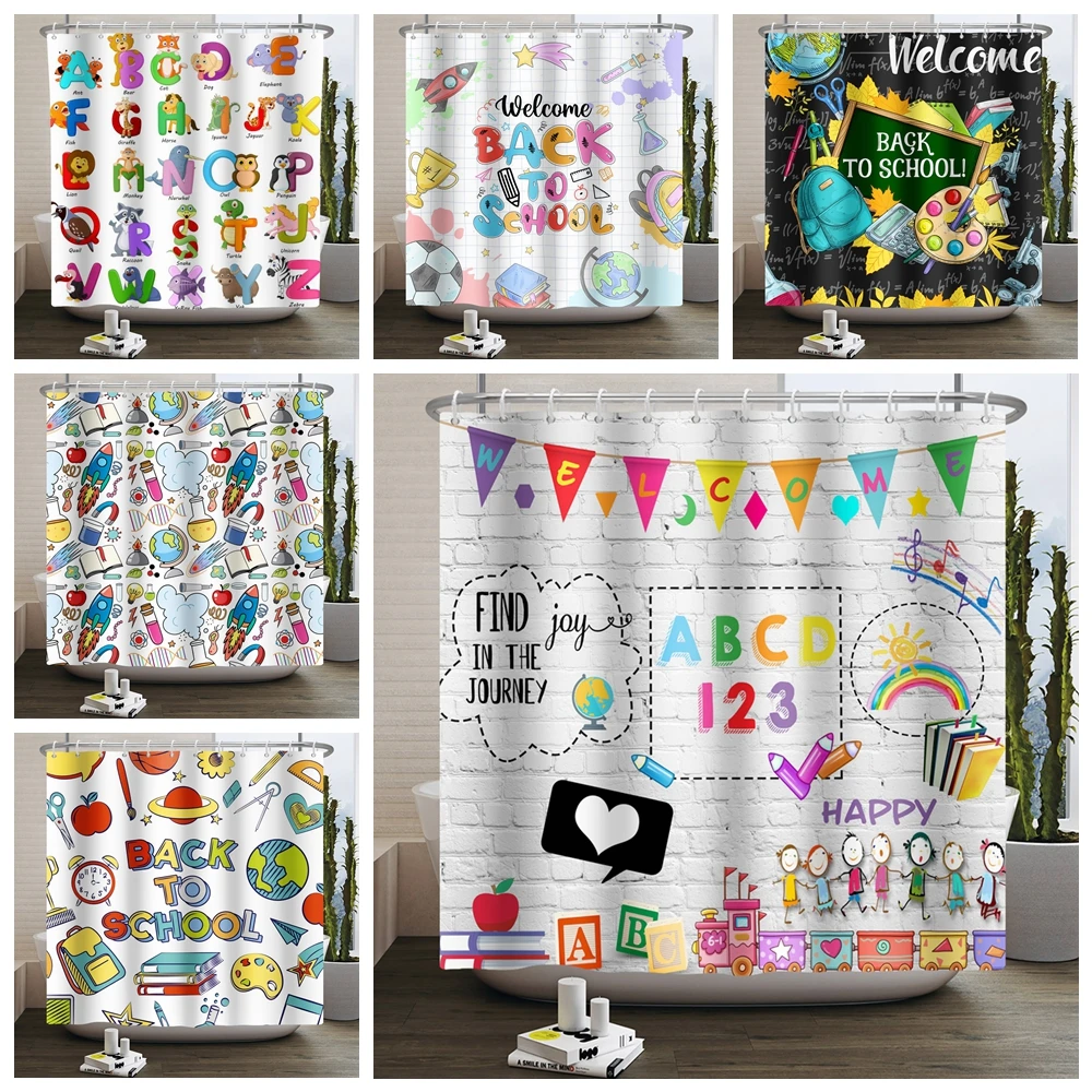 Back to School Theme Shower Curtain School Bag Stationery Pencil Alarm Clock Alphabet Home Bathroom Bathtub Curtain Decoration