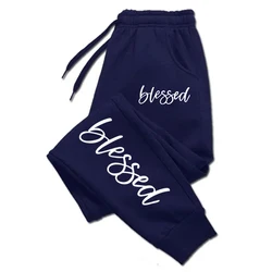 Autumn Woman Man Couple Sweatpants Blessed Letter Prints Tracksuit Pocket Drawstring Sport Pants Fleece Warm Jogging Sportswear