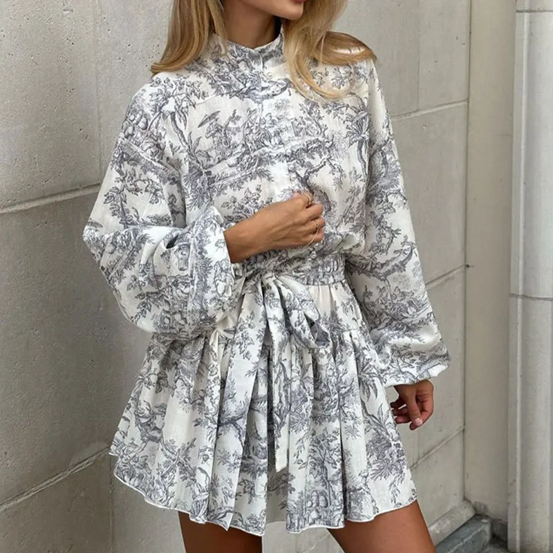 Vintage Printed Lace-Up Shirt Dress For Women Spring Summer Fashion Ruffled Pleated Long Sleeve High Street Women's Mini Dresses