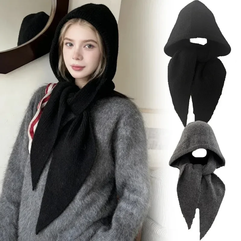 Fashion Forward Korean Hood Scarf Warm Knit Hat Winter Headwear Face Protection for Women Men Unisex Set Pack