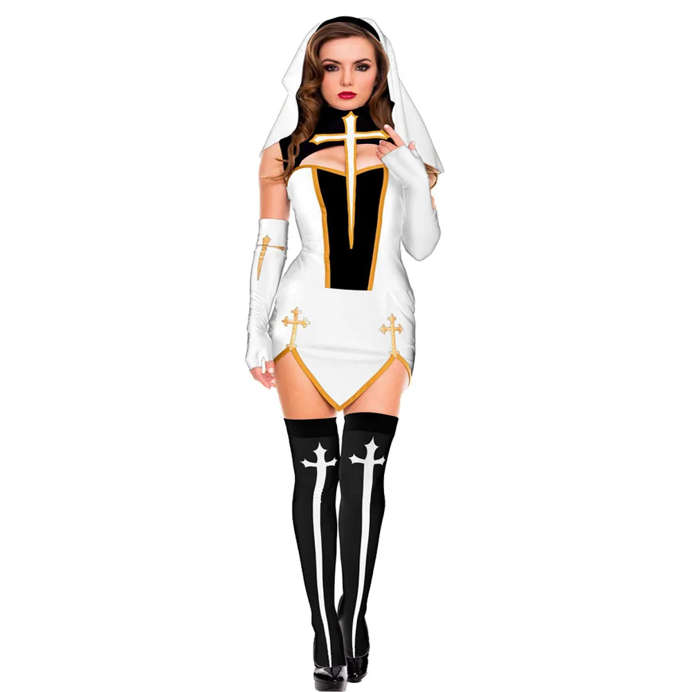 Sexy Lady Nun Superior Costume Carnival Halloween Church Religious Convent Cosplay Fancy Party Dress