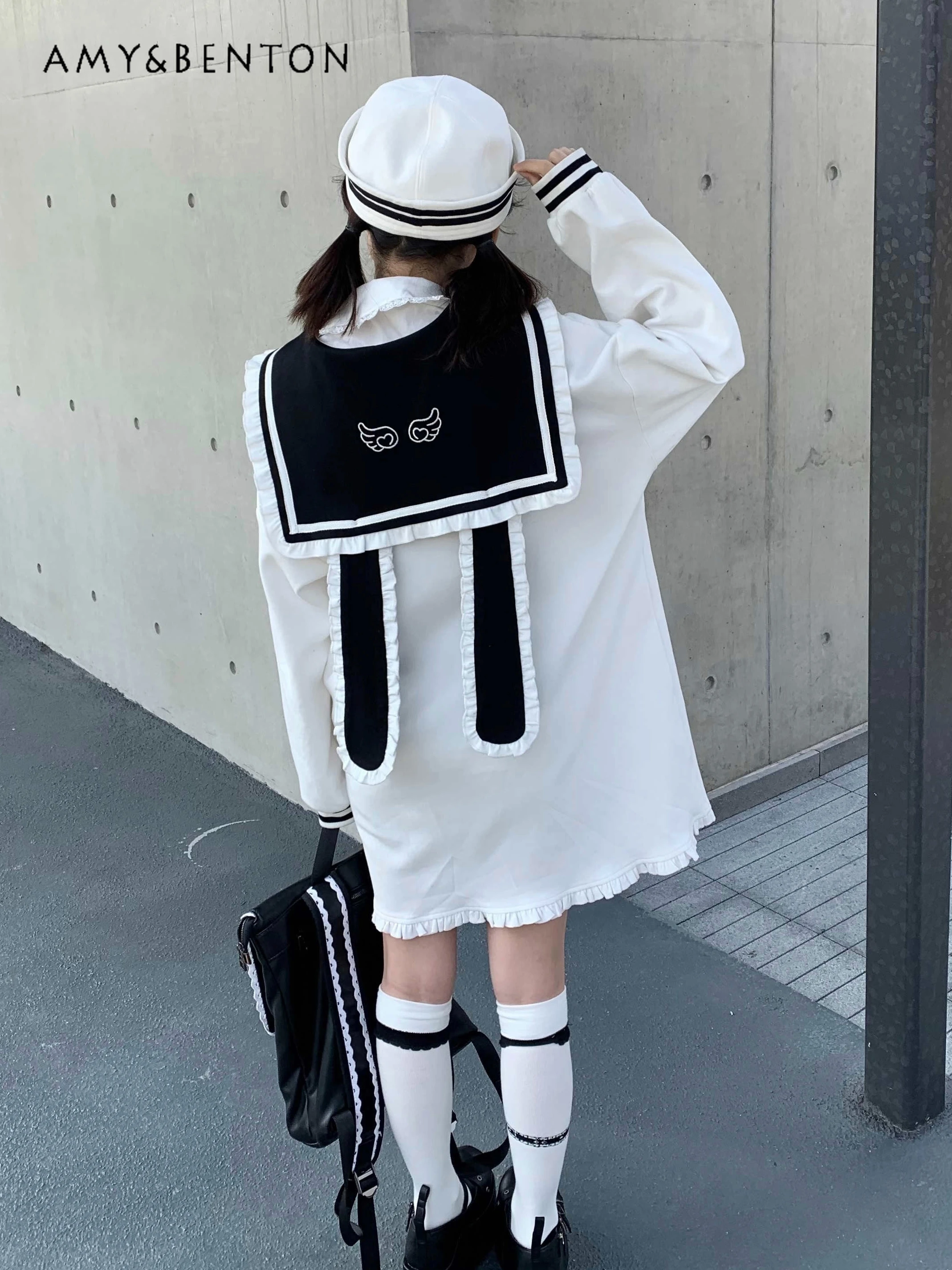 

Japanese Cute Sailor Collar Puff Sleeve Dress Preppy Style Sweet Loose Slim Mini Dress Detachable Rabbit Ears Kawaii White Dress