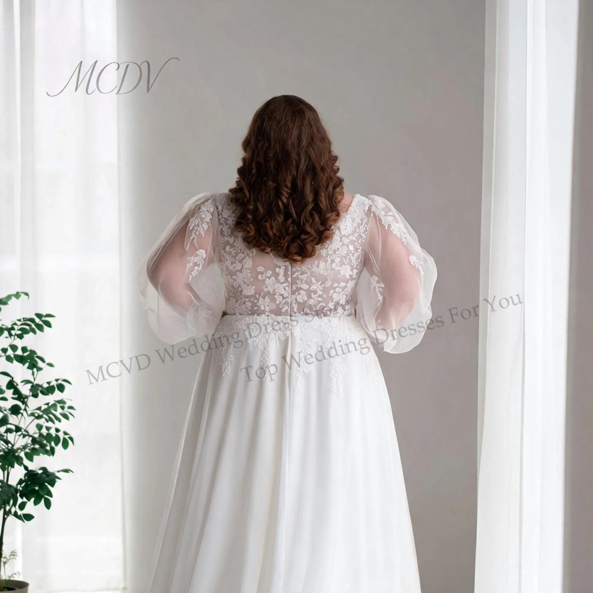 Civil Chiffon Wedding Dresses For Plus Size Women Puff Sleeve V-Neck Applique Lace Brdie Gowns Boho robe de mariée