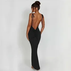 Y2k Elegant Deep Open Back Backless Slim Maxi Dress Women Spaghetti Strap Sleeveless Bodycon Long Dress Sexy Club Party Vestidos