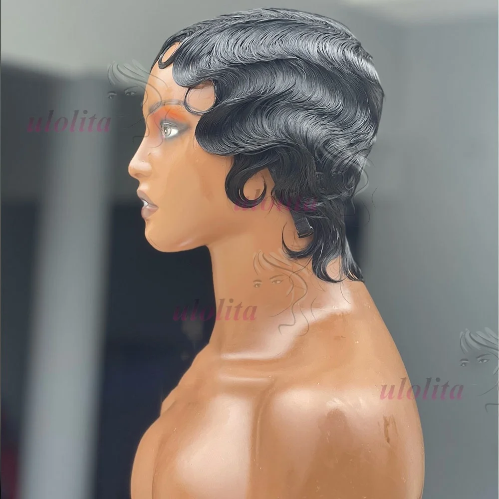 Kurze Fingerwellen-Perücke aus brasilianischem Echthaar für Frauen, kurze Wasserwellen-Perücke, tiefe Wellen-Perücke, Pixie-Cut-Perücken für den täglichen und Partygebrauch. – Detail 4