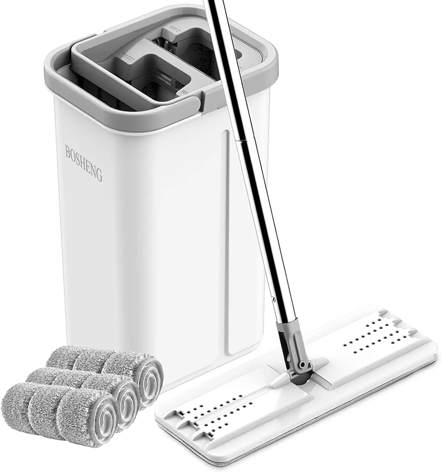 

Hands-Free Flat Floor Mop and Bucket Set with Wringer, 3 Washable Microfiber Pads for Wet/Dry Cleaning on All Floors and Windows
