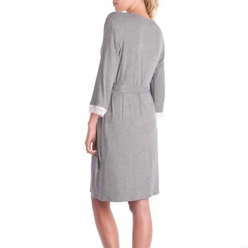 L5YF ثوب النوم ملابس نوم التمريض للنساء الحوامل القطن الأمومة رداء مع حزام قابل للضبط بيجامة فستان ملابس الحمل