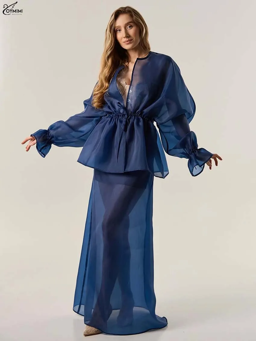 Oymimi Fashion Blue Loose Women' S Clothes 2 Piece Sets Elegant Long Sleeve Lace-Up Shirts And Straight Floor-Length Skirts Sets