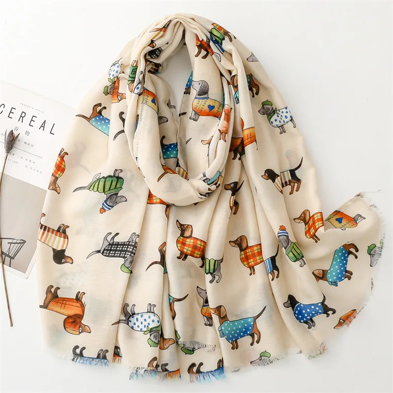 Lovely Animal Dachshund Pattern Viscose Scarf Cute Breathable Fringe Shawl Casual Travel Inelastic Outerwear Long Shawl 180*85Cm