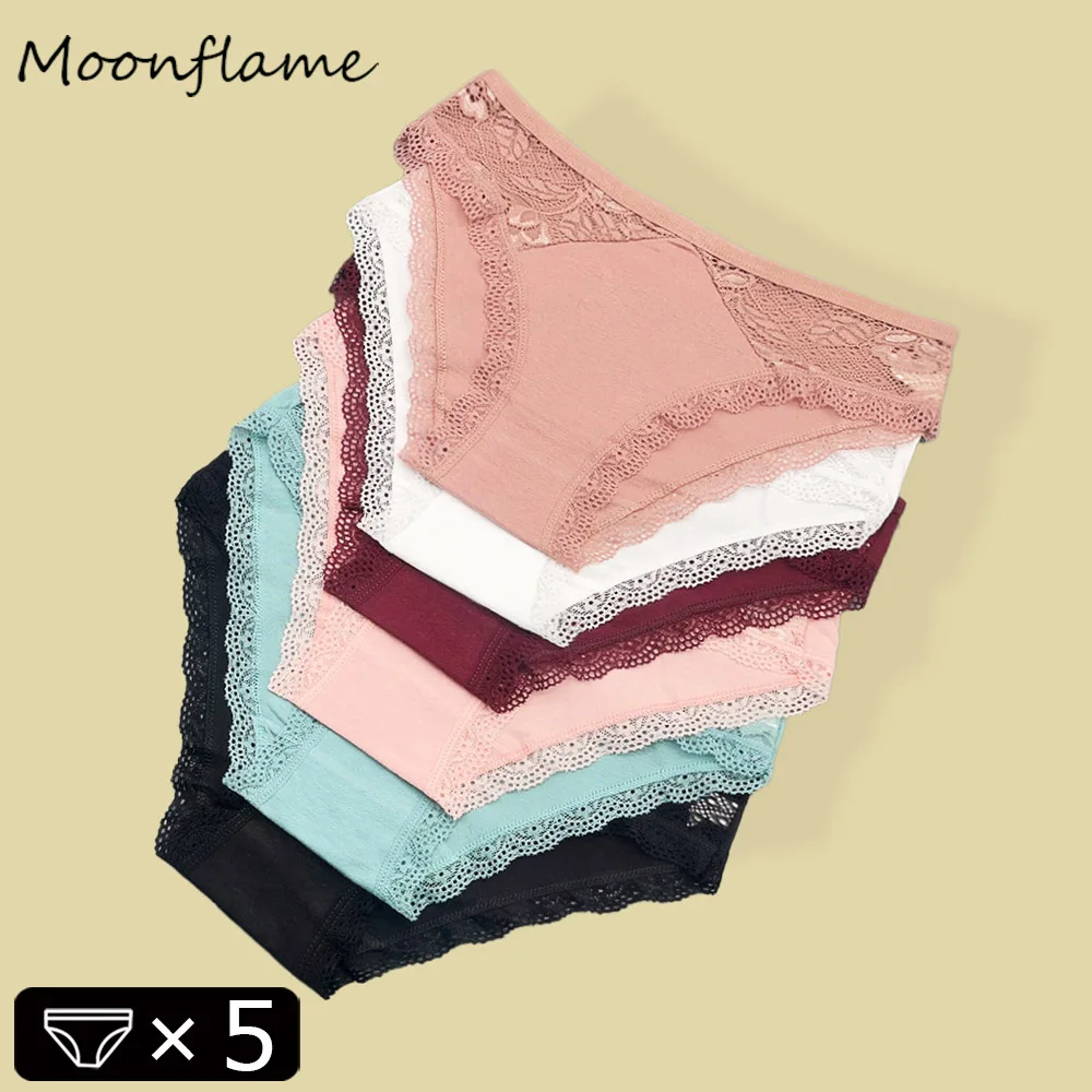 

Moonflame 5 Pcs Low RIse Girls Underpant Women's Cotton Briefs Sexy Lace Panties