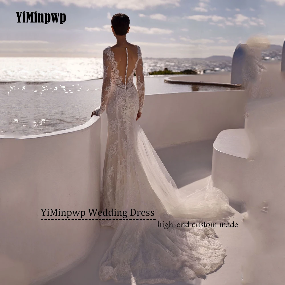 Vestidos de novia de playa de manga larga sirena con cuello en V sin espalda vestido de novia Sexy apliques vestido de novia vestidos de novia personalizados