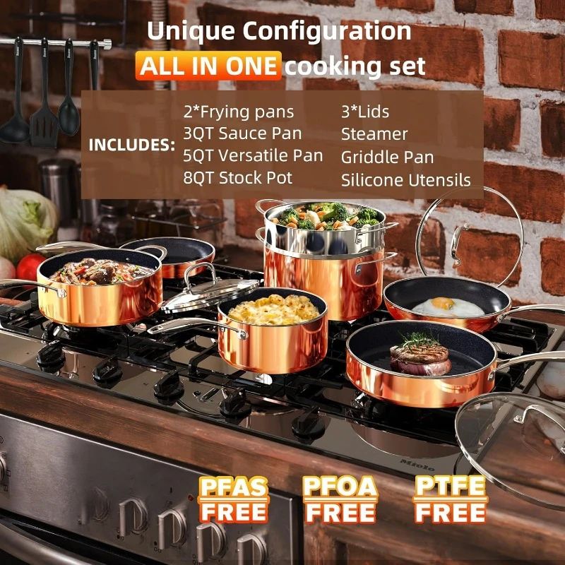 Deluxe DUXANO 14PC Healthy Pots and Pan With 9H Anti-scratch Coating, 2-Layer Non-Stick Ceramic & PFAS Free, Dishwasher Safe