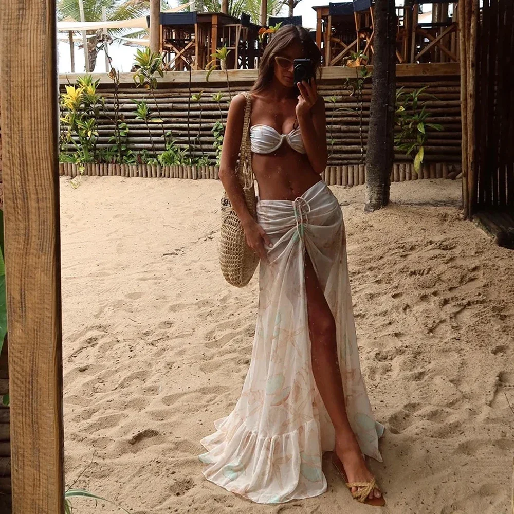 2024 บิกินี่ 3 ชิ้นกับกระโปรงชายหาดชุดว่ายน้ําผู้หญิงพิมพ์ชุดว่ายน้ํา Halter ชุดว่ายน้ํา Beachwear ชุดบิกินี่ Biquini