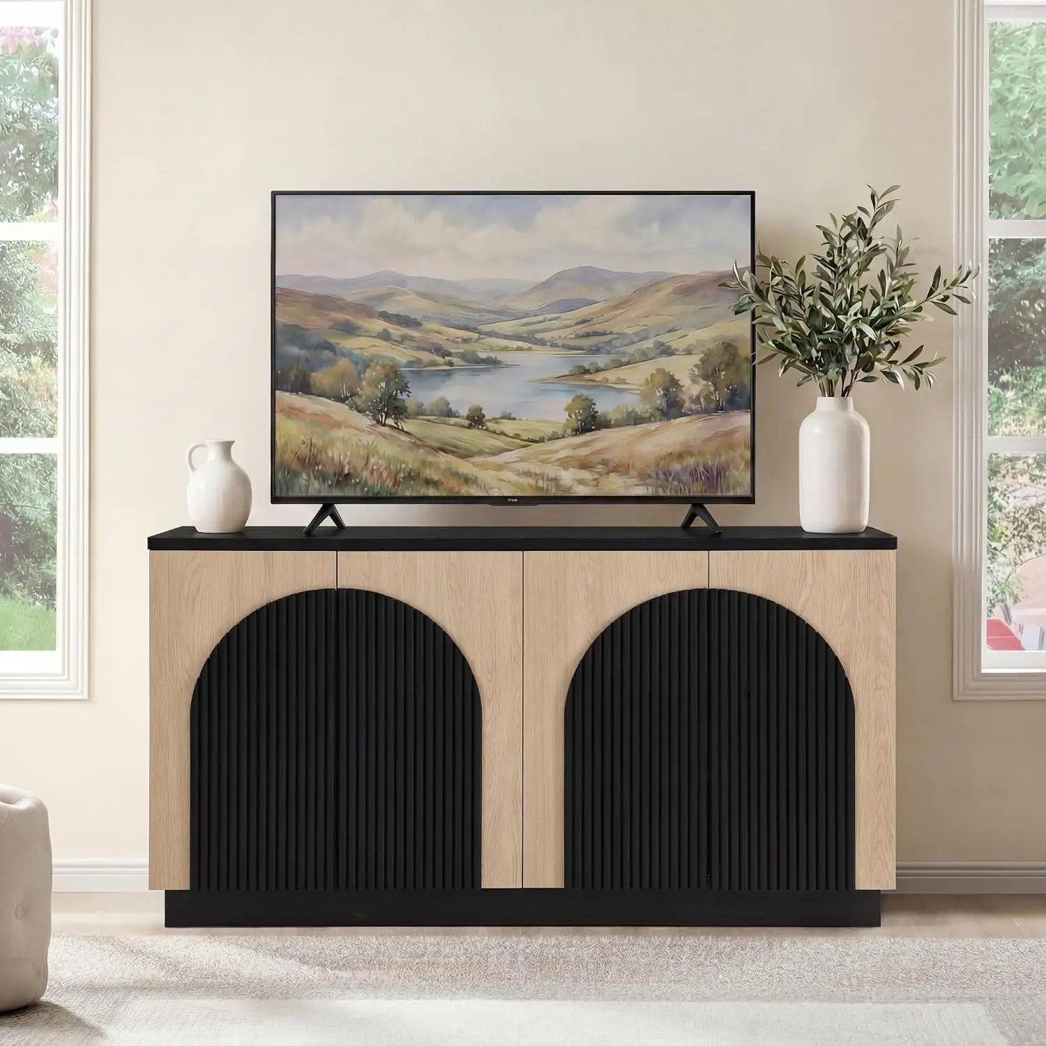 Fluted TV Stand Arched Reeded Door Modern Entertainment Center Storage 65 Inch Media Console Living Room Bedroom Black Natural,