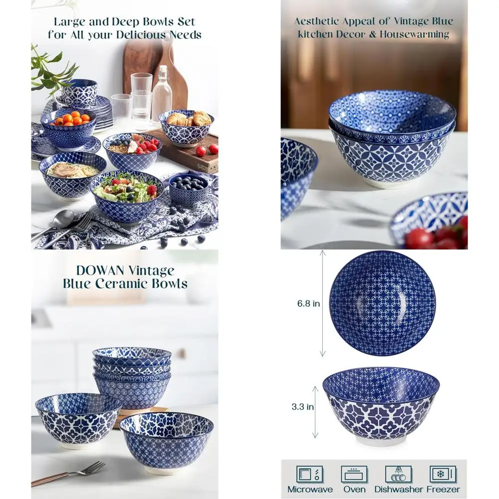 

Set of 6 - 33 Oz Large Ceramic Deep Bowls, Ideal for Ramen, Pasta, Salad - Vintage Blue Porcelain, Kitchen & Housewarming Gift -