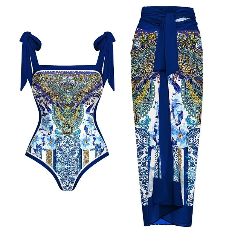 One Piece Swimsuit For Women European And American Swimwear Double-sided Retro-printed One-piece Swimsuit