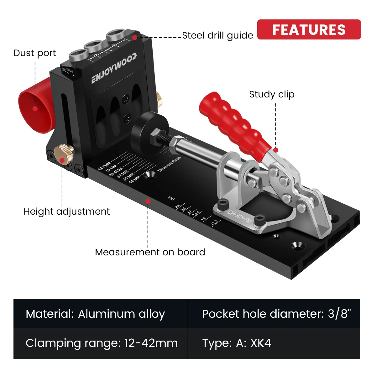 Imagem -02 - Enjoywood-inclinado Buraco Doweling Jig Kit Pocket Hole Jig Guia de Broca Fit para Angular Broca Xk4 95 Milímetros