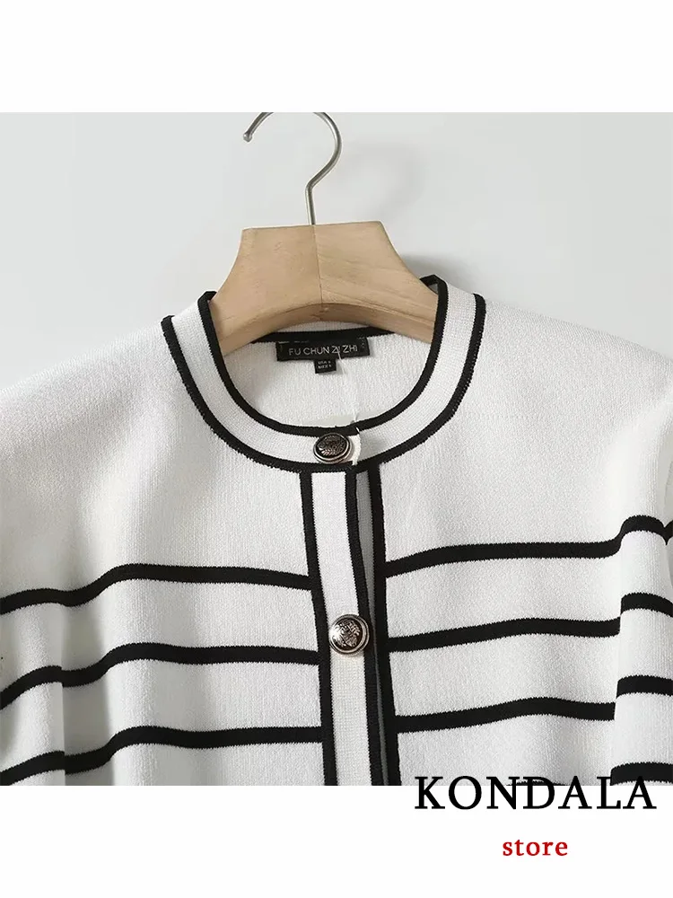 KONDALA Vintage Casual Chic kobiety Top w paski jednorzędowy z okrągłym dekoltem i półrękawem dzianinowy Top nowa moda 2023 jesienne wakacje Top