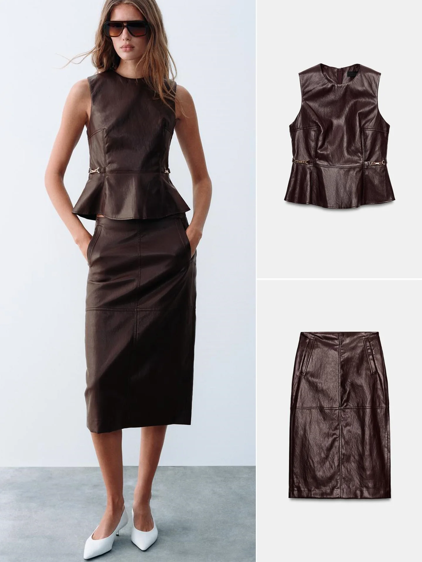 Women's A-Line  Skirt Sleeveless round Neck Waist-Cinched Back Slit Design Fashion Set Autumn Collection No Brand