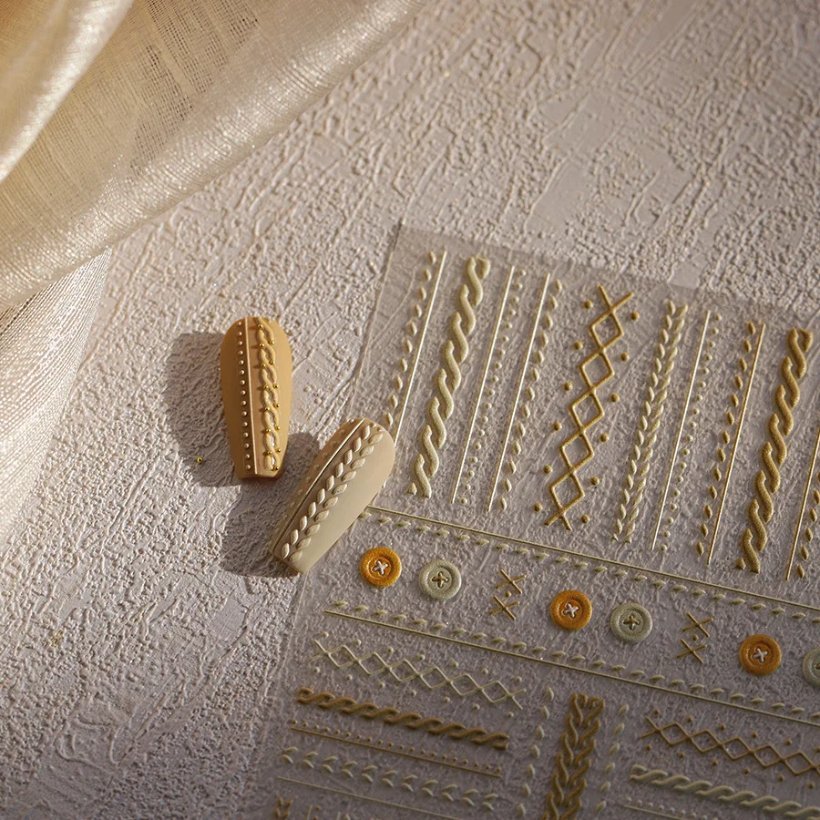 Patrón de rejilla de lana botón Bowknot pegatinas para decoración de uñas diseño en relieve adhesivo decoración artística de uñas de invierno de alta calidad