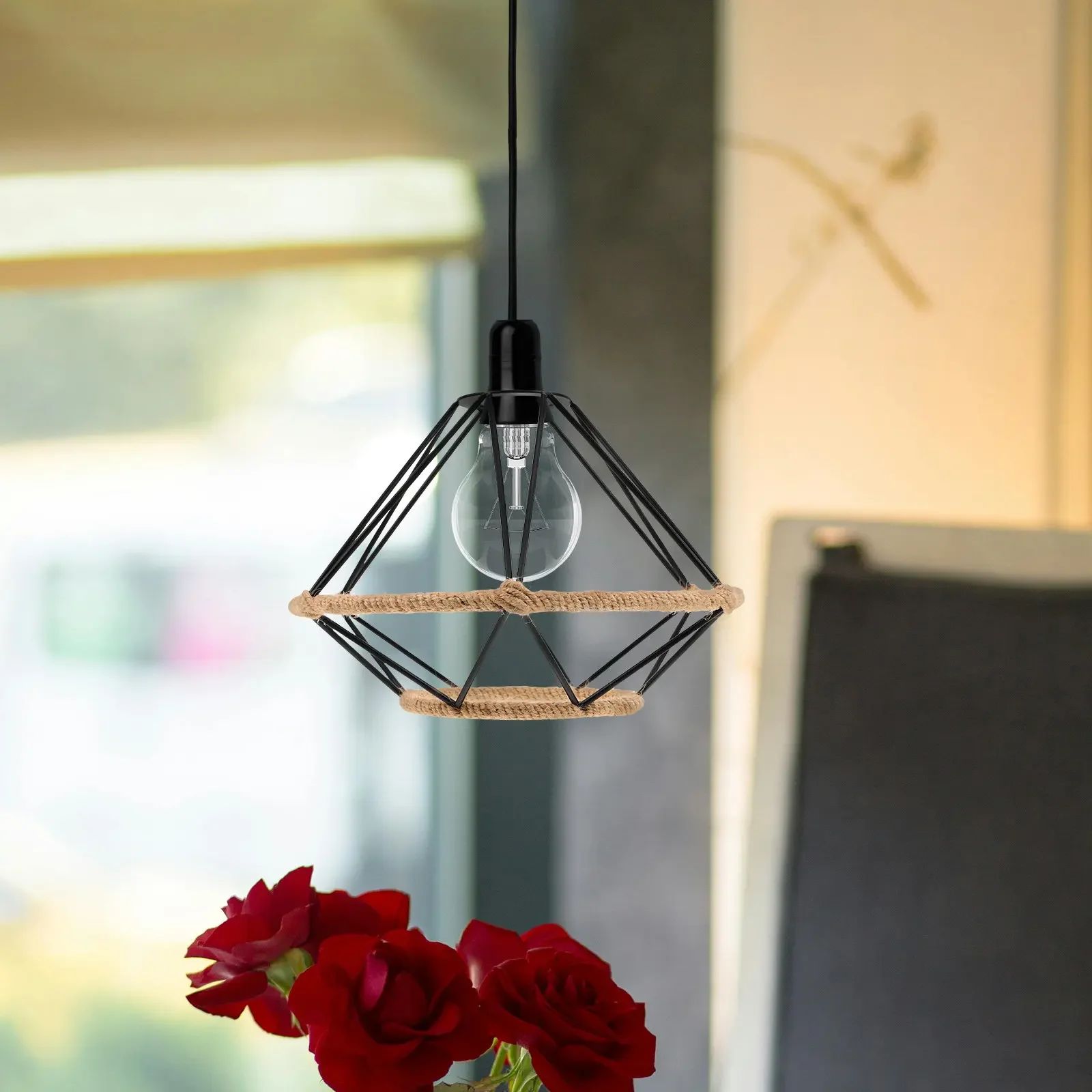 Handwoven Jute Rope Pendant Lamp Hollow Metal Cage Lampshade Rustic Industrial Hanging Light Fixture Ceiling Light for Dining