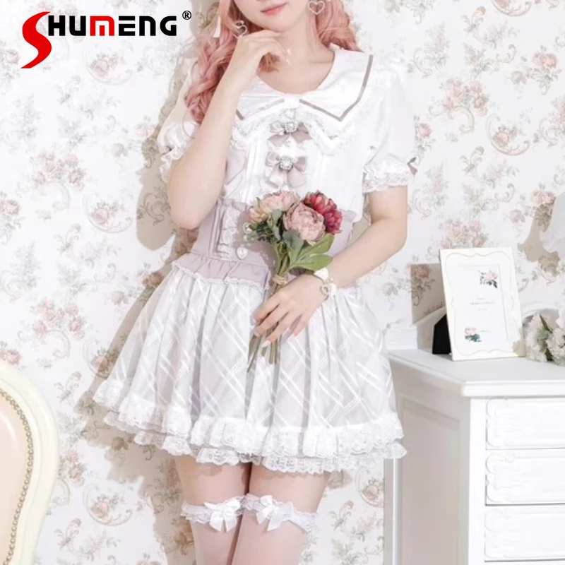 

2025 Japanese Mine Lolita Style Short-sleeved Shirt Summer Sweet Girls Women's Cute Bow Lace Navy Collar Top Camisas De Mujer