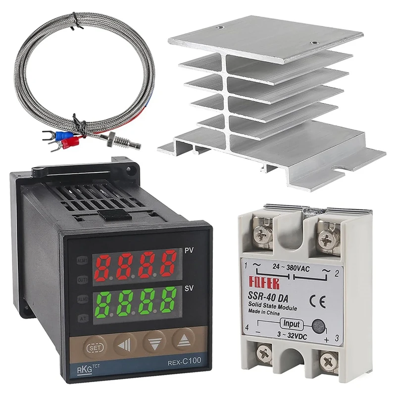 

【Hot Cake】PID-Temperature Controller REX-C100 Thermostat Kit High Voltage 100ACV To 240ACV+SSR Relay 40DA+ K Probe