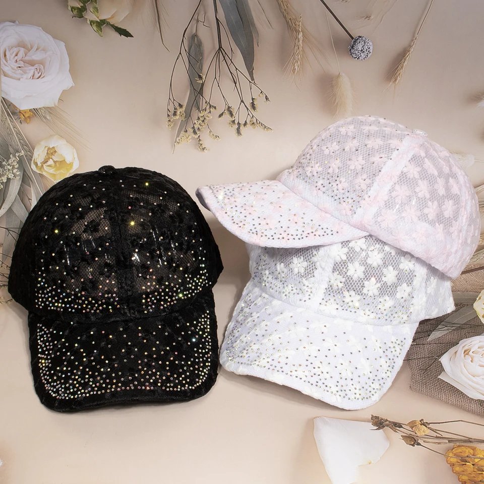 Shiny Rhinestone Lace Flower Baseball Cap Hollow out  display picture 3