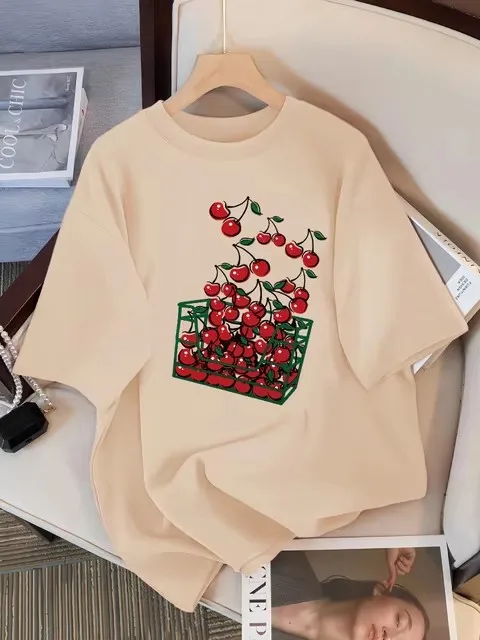 A Basket of Cherries Printing Female Tee Shirt Breathable Casual T-Shirts Summer Short Sleeve Streetwear Women T Shirt