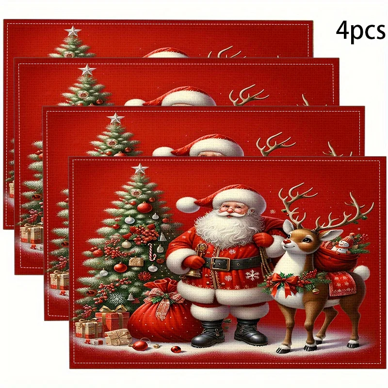 30x45cm 4pcs Christmas Themed Placemats Linen Featuring Santa Claus And Reindeer Designs Suitable For Home And Restaurant Use