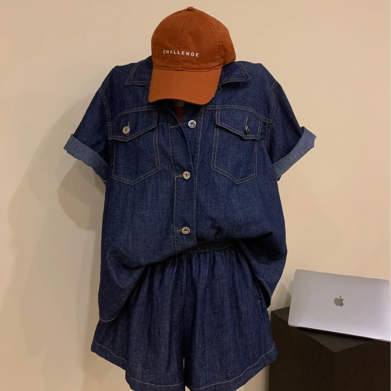 Summer Women Cool Thin Denim Suit Casual Loose Oversized Short-sleeved Denim Shirt Elastic Waist Baggy Shorts 2pcs Matching Set