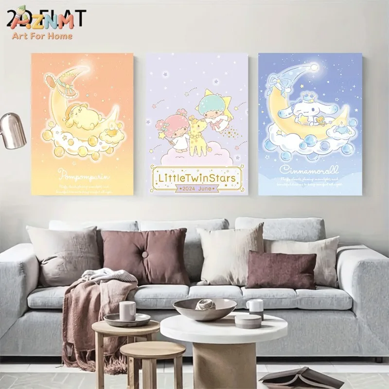 Unframed Sanrio Characters Canvas Wall Art Moon Cloud Star Pompompurin Little Twin Stars Cinnamoroll Soft Pastel Cartoon Poster