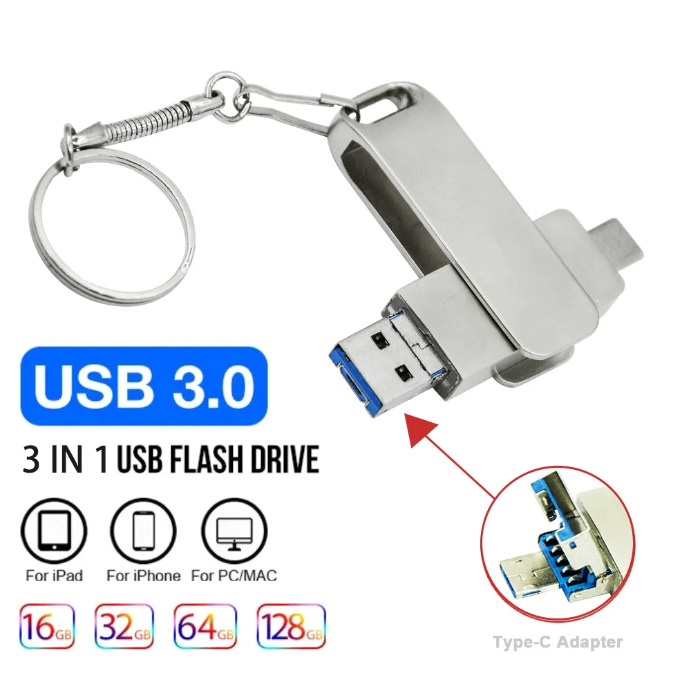 Флешка TYPE-C USB 3.0 4 ГБ 8 ГБ 16 ГБ 32 ГБ 64 ГБ 128 ГБ Высокоскоростной 3 в 1 CLE USB-металлический мини-накопитель для компьютера, сотового телефона