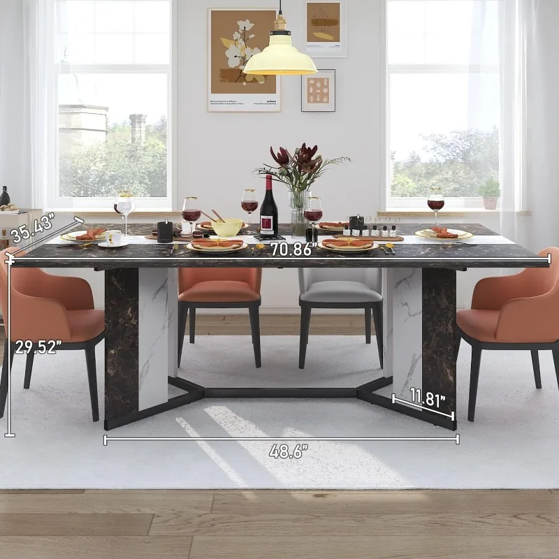 71In Large Rectangular White Dining Table for 4 5 6 7 8 People w/35 Marble-Color Wood Watrproof Tabletop,Adjustable Leg