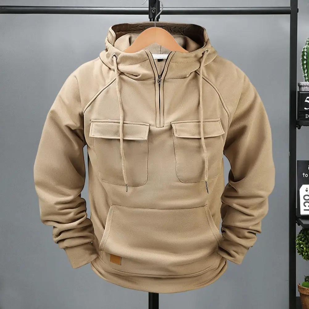 

Men Fall Spring Hoodie Long Sleeve Hoodie Men's Cargo Style Sport Top with Multi Pockets Drawstring Hem Half Zipper for Fall